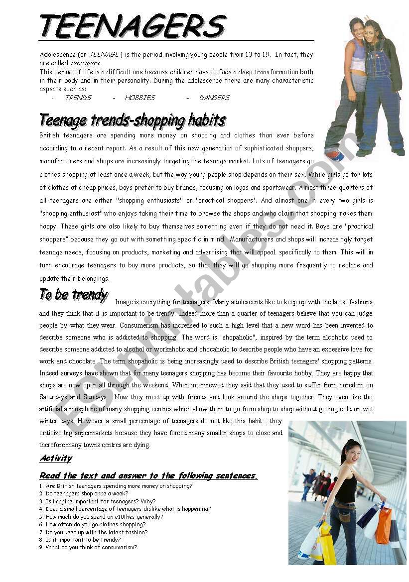 TEENAGERS AND THEIR TRENDS worksheet