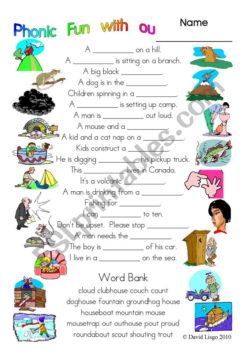3 pages of Phonic Fun with ou: worksheet, story and key (#10)