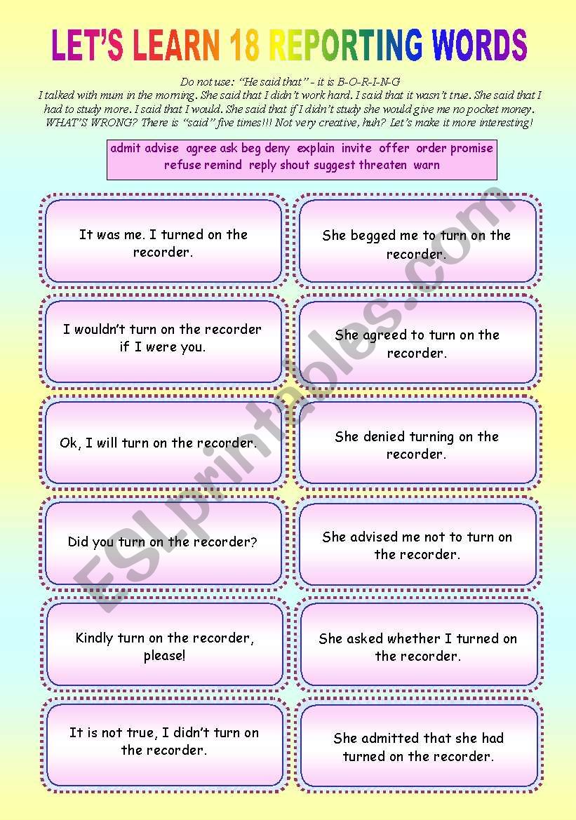 REPORTING GAMES -  18 verbs with FUN - Cards + Dominoes + 5 Exercises ((16 pages)) Color+BW + KEY