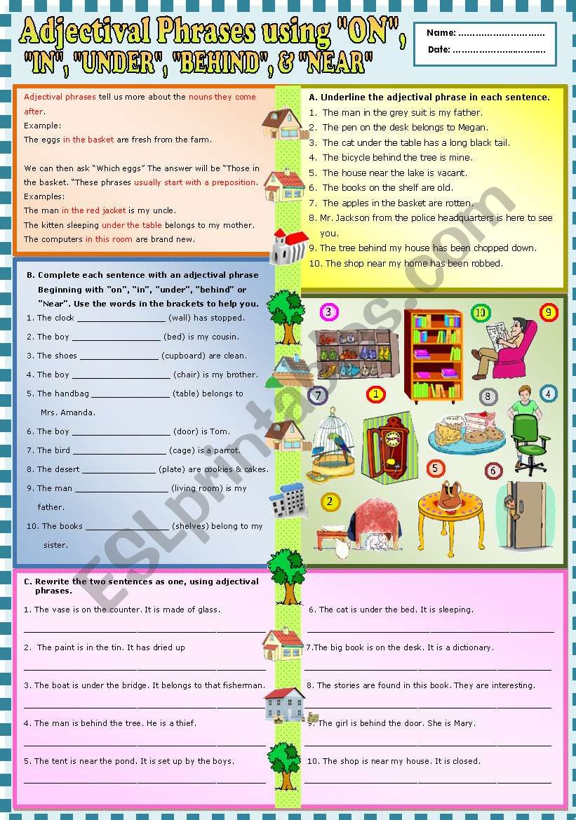 Adjectival Phrases Using ON IN UNDER BEHIND And NEAR KEY 