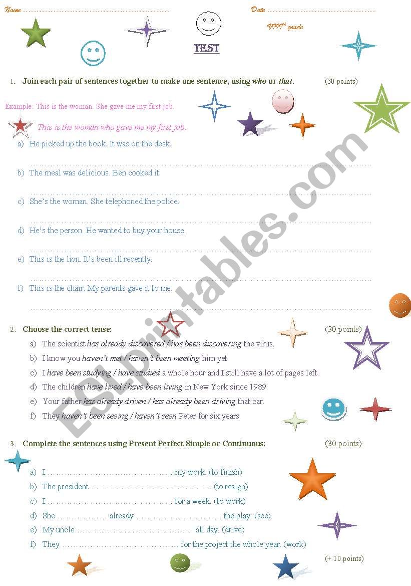 relative clauses test worksheet