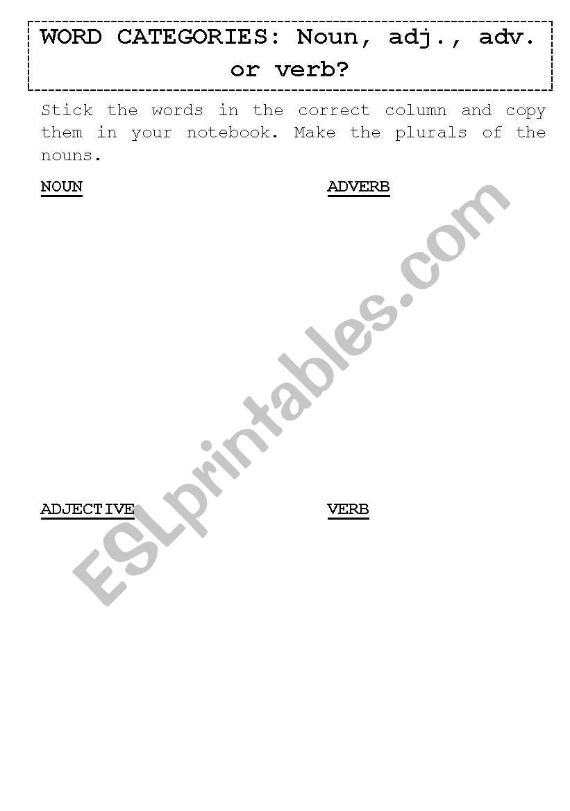Word categories GAME -Classify the following words