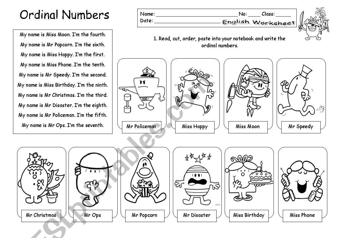 Ordinal numbers with Mr Men and Little Miss