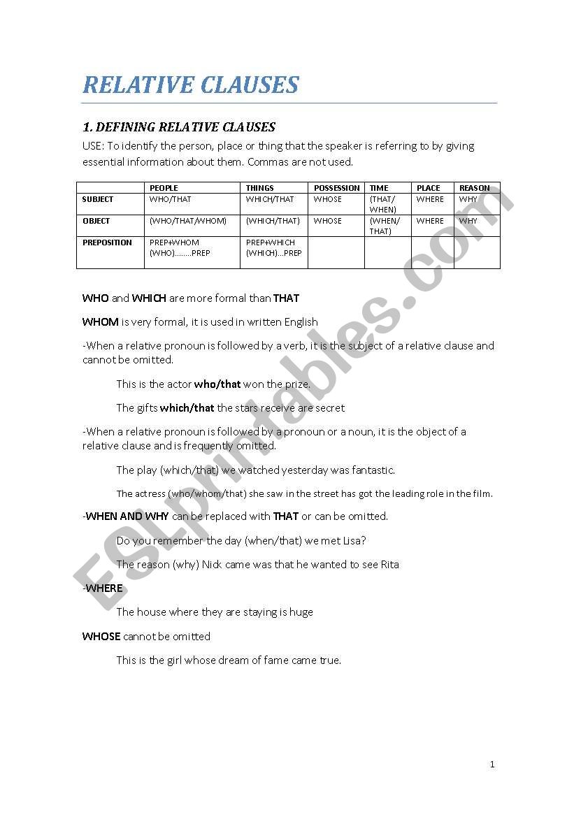 DEFINING AND NON-DEFINING RELATIVE CLAUSES