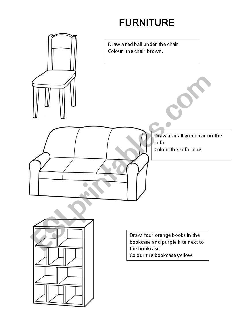 colours,furniture,preposition worksheet