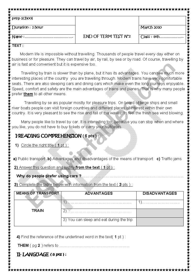 END OF TERM TEST 8th for tunisian ss