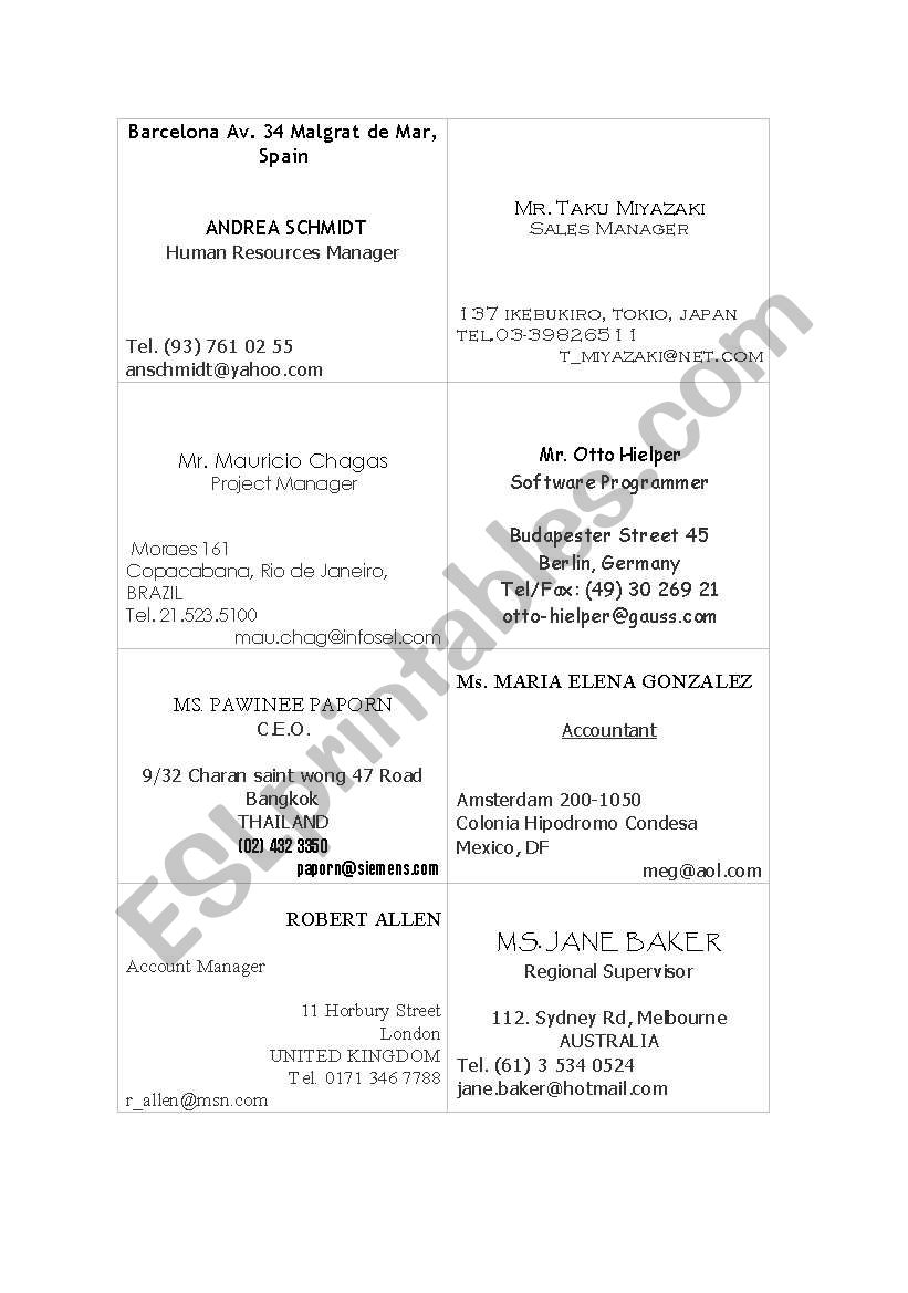 Business Cards worksheet