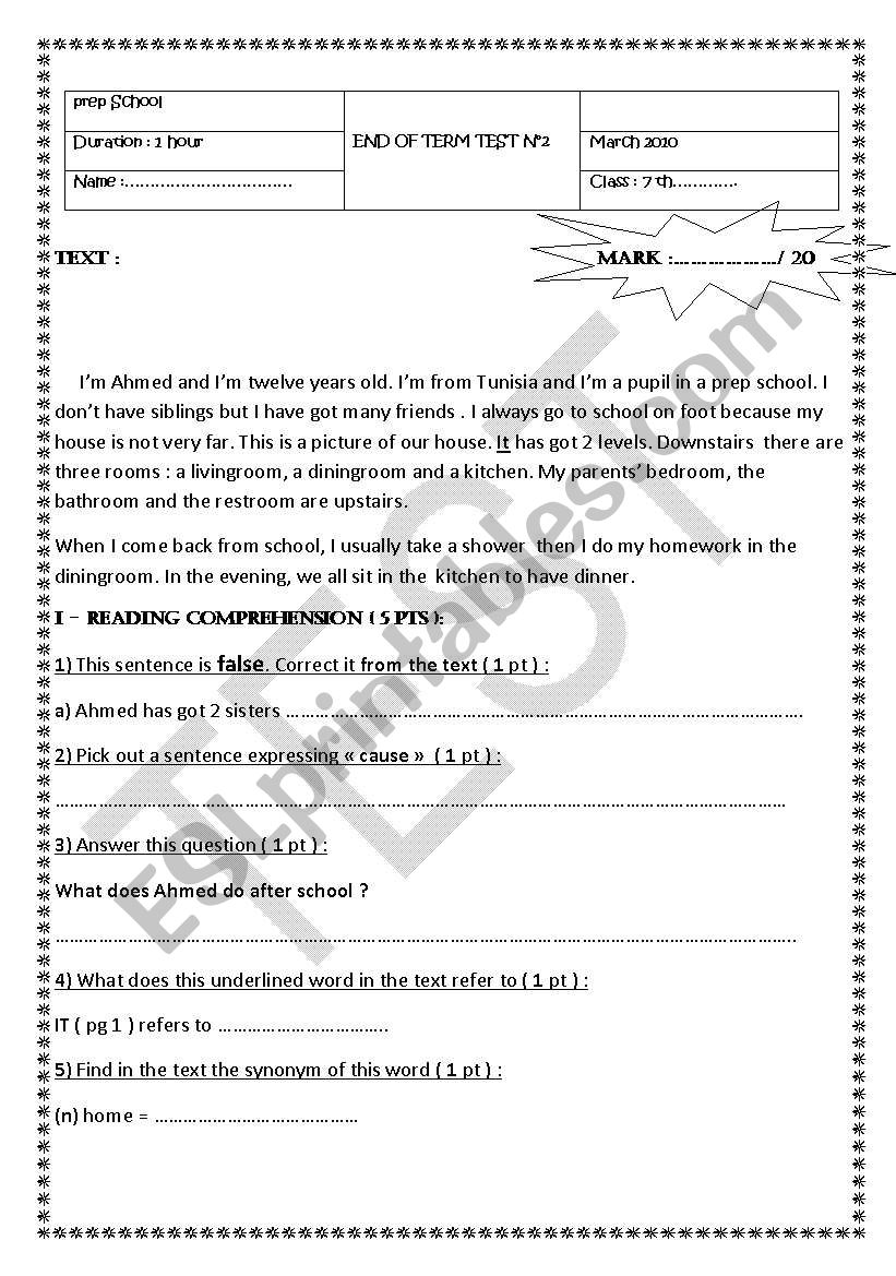 END OF TERM TEST  worksheet