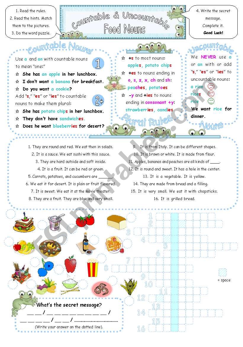 Countable & Uncountable Food Nouns - Single/Plural with have, like, and want. 2 pages + key.