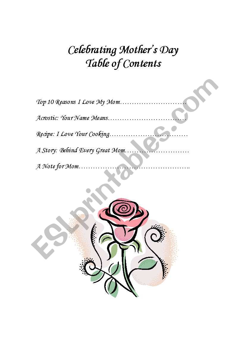 Table of Contents for a Mothers Day Book
