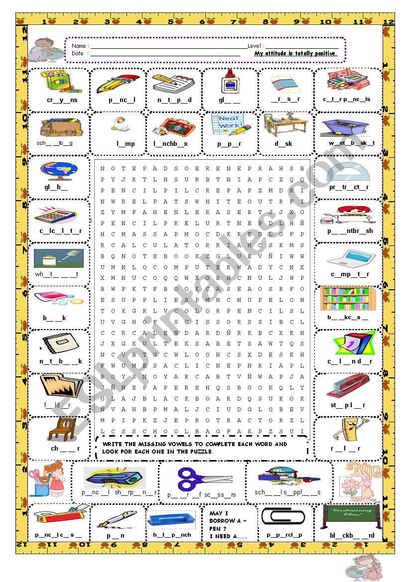 SCHOOL SUPPLIES PUZZLE 2/3 worksheet