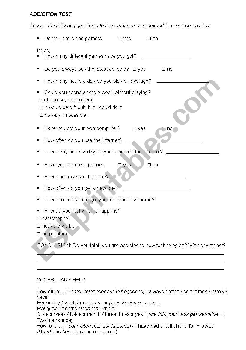 addiction test worksheet