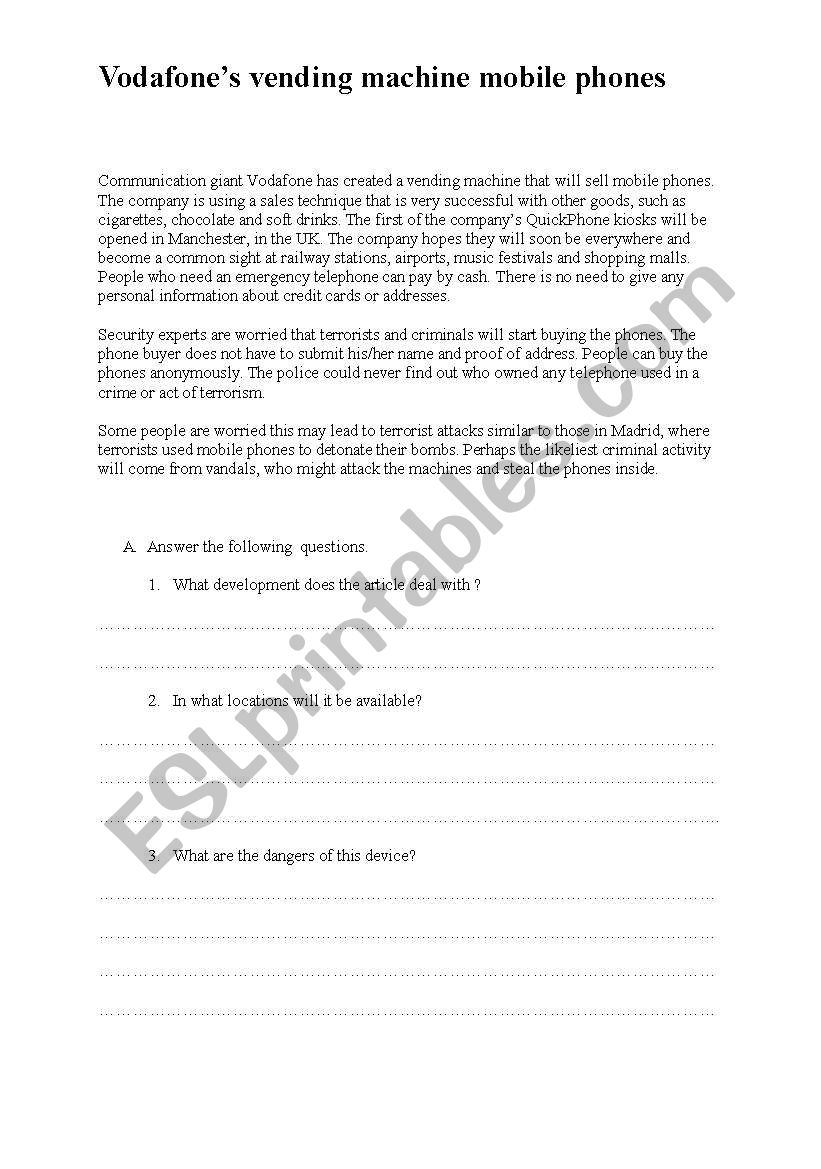 VENDING MACHINE MOBILE PHONES worksheet