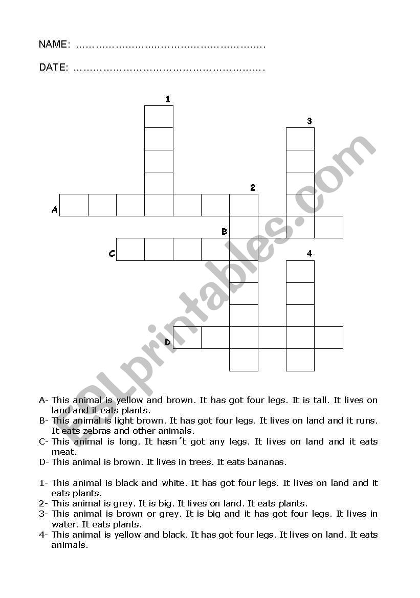 Animals crossword worksheet