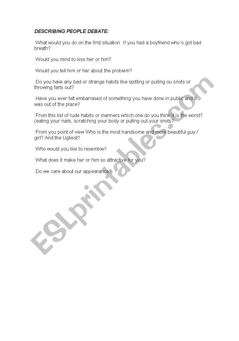 Describing people debate worksheet