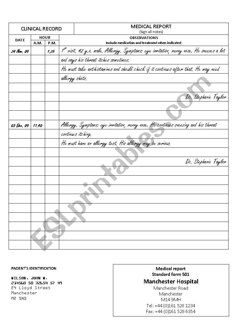 Medical reports worksheet