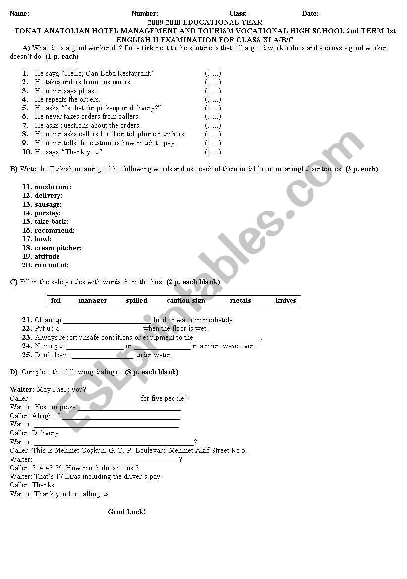 2nd TERM 1st  VOCATIONAL ENGLISH II EXAMINATION for ANATOLIAN HOTEL MANAGEMENT AND TOURISM VOCATIONAL HIGH SCHOOLS in Turkey