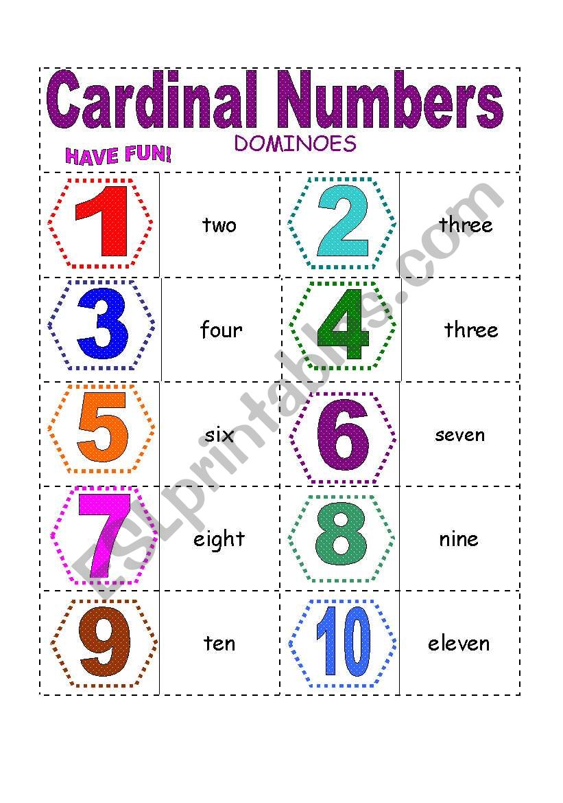 CARDINAL NUMBERS DOMINOES (1-20)