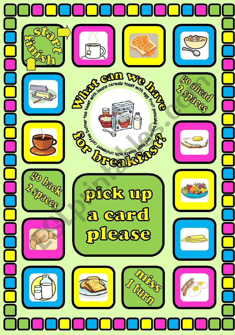 What can we have for breakfast?. Food board game + cards + instructions. Fully editable