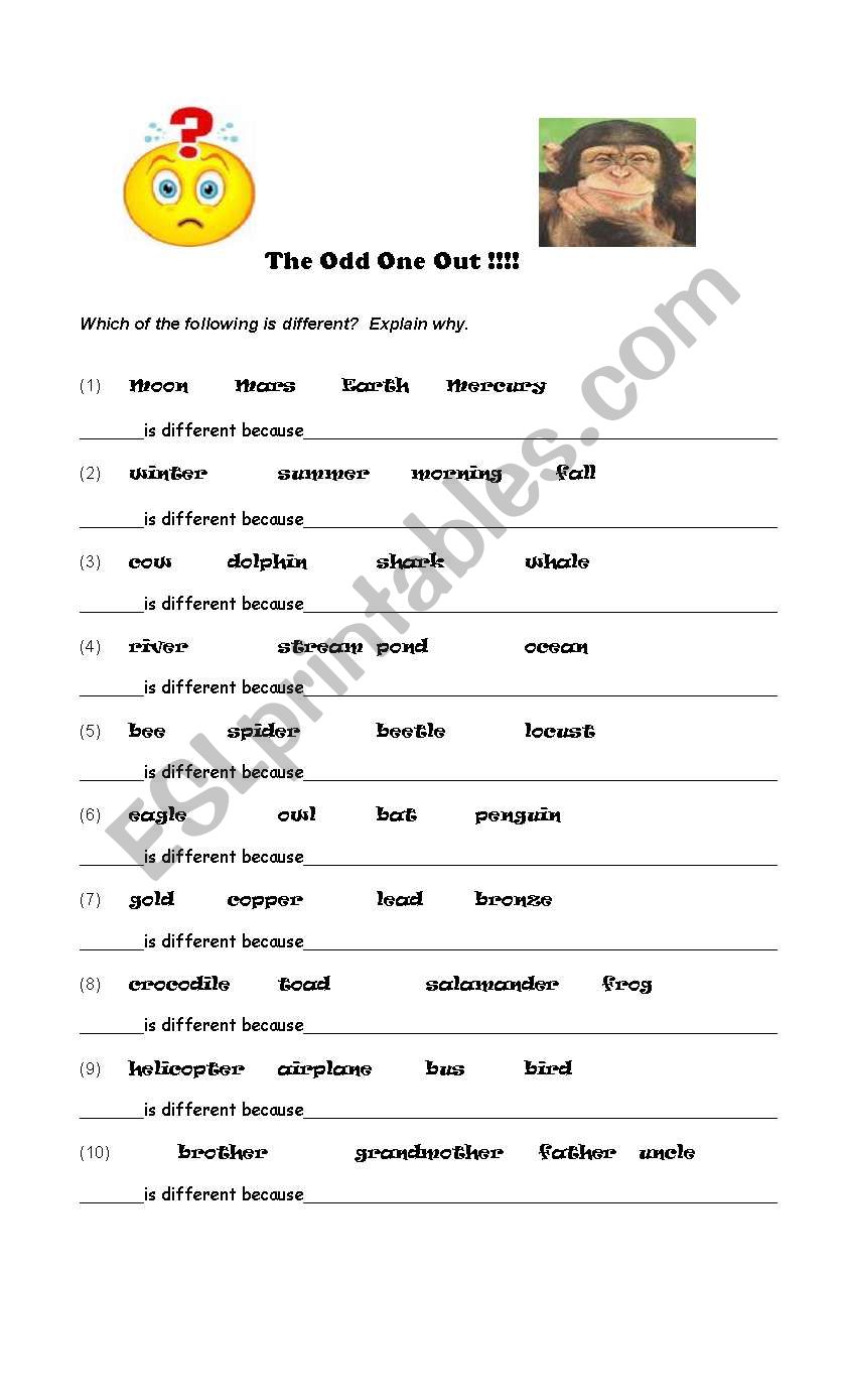 The odd one out worksheet