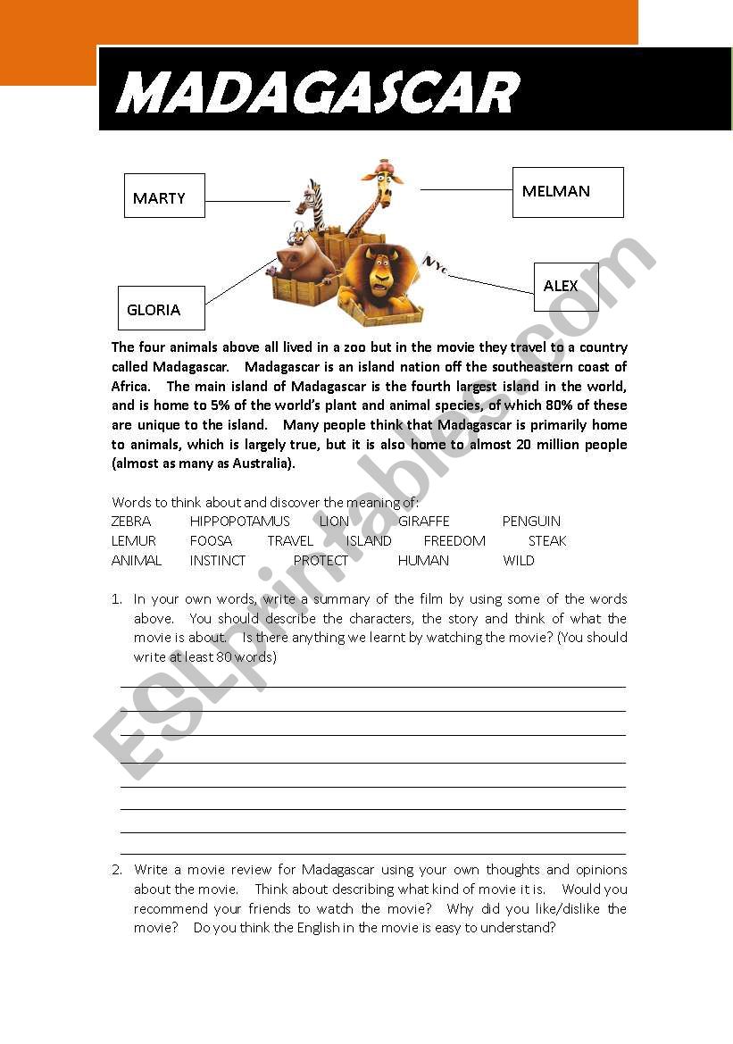 Madagascar movie review worksheet