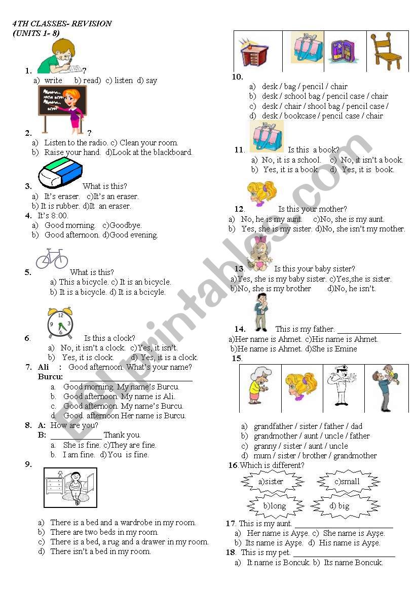 school objects, family,prepositions, body,numbers,clothes,pets,time