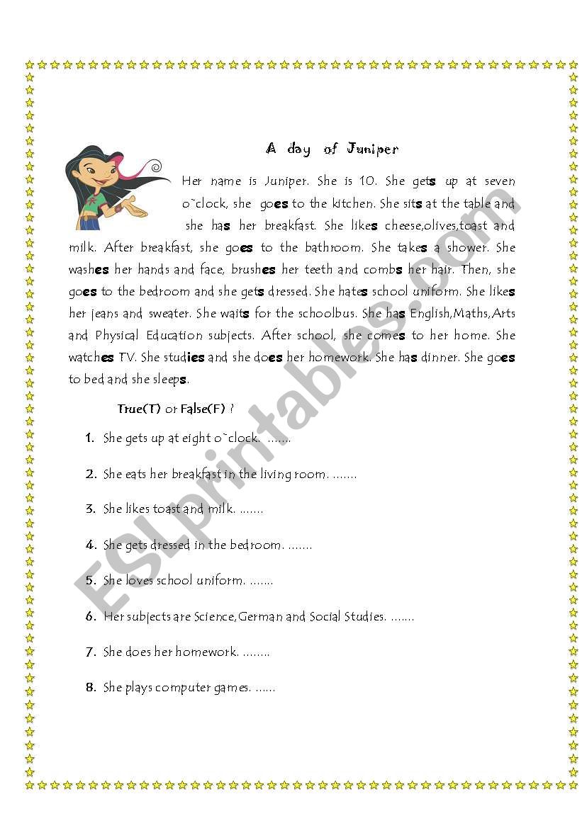 A reading exercise based on present simple tense (daily routine)