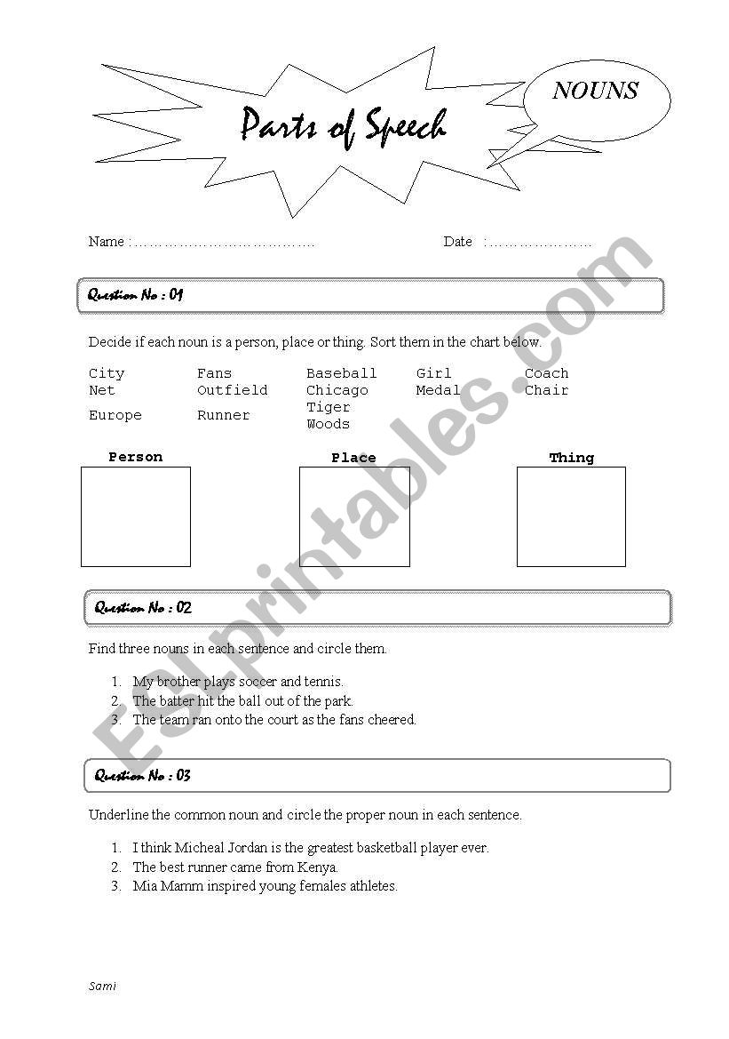 Parts of Speech - NOUNS worksheet