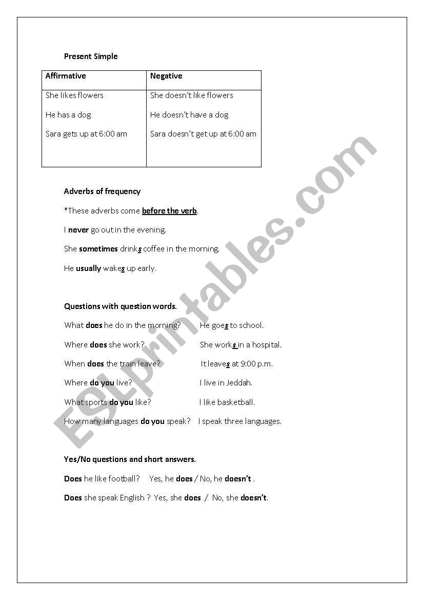 Presesnt Simple Grammar-guid worksheet