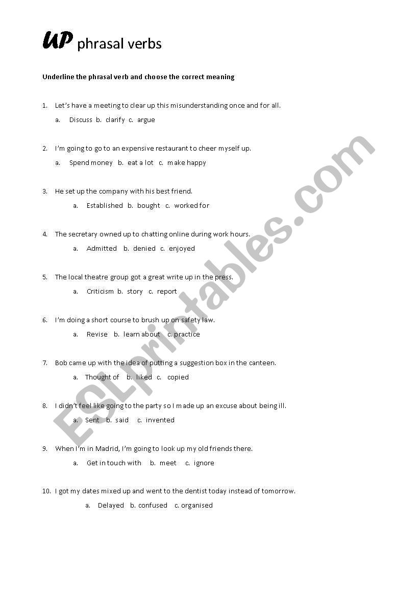 UP phrasal verb worksheet worksheet