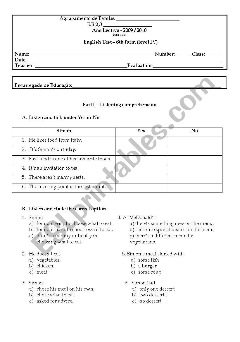 test 8th form worksheet