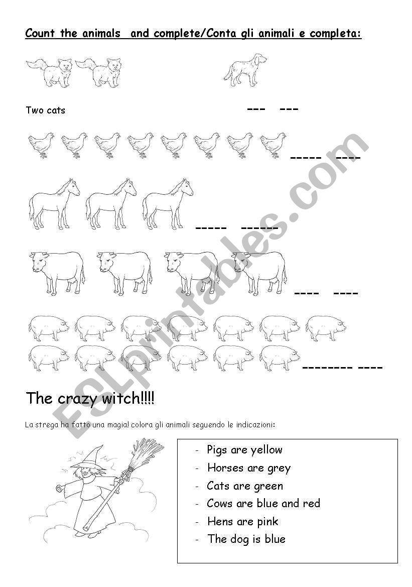 Numbers and Farms animals worksheet