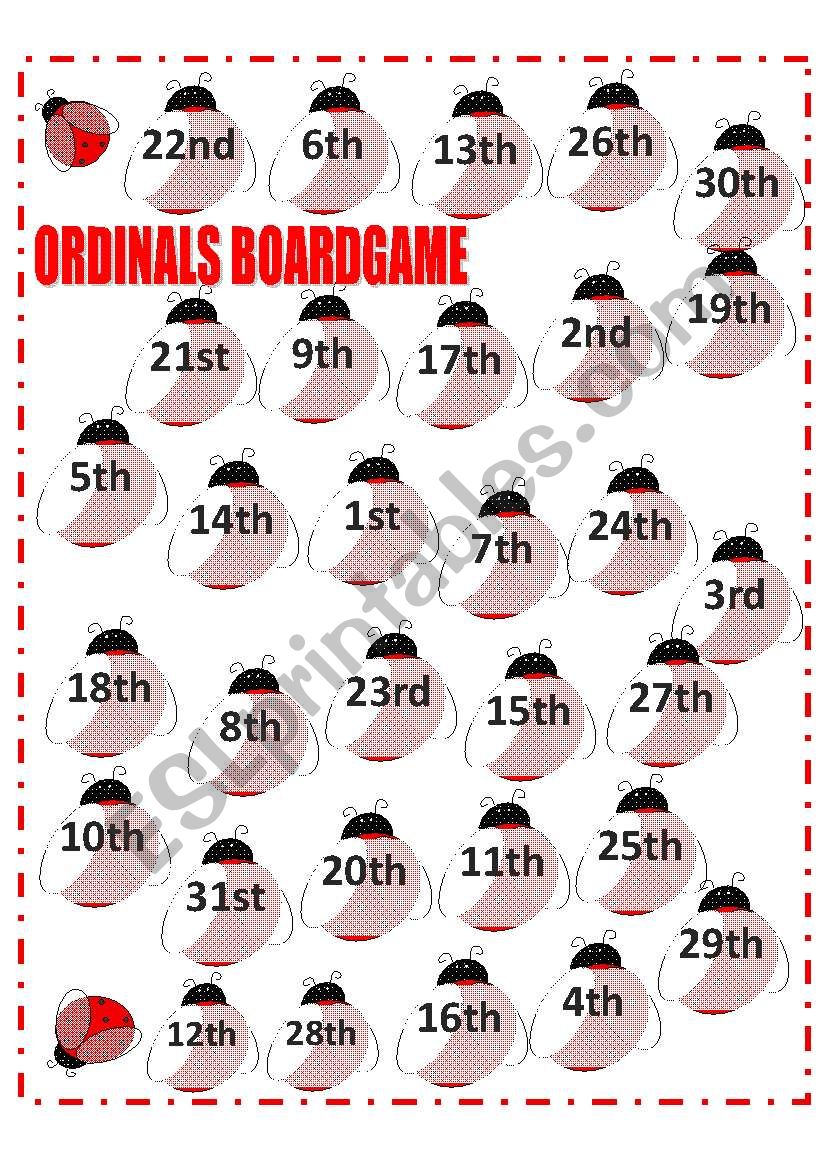 Ordinals boardgame worksheet