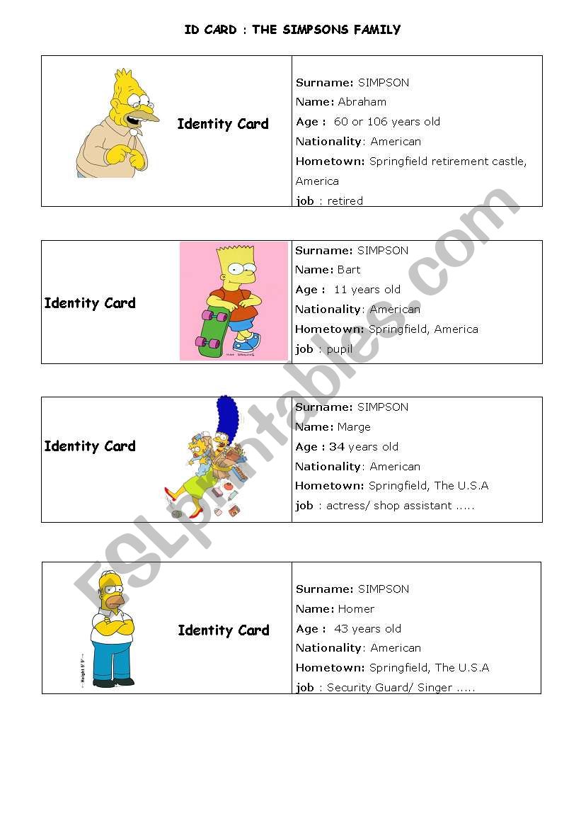 simpsons ID card worksheet