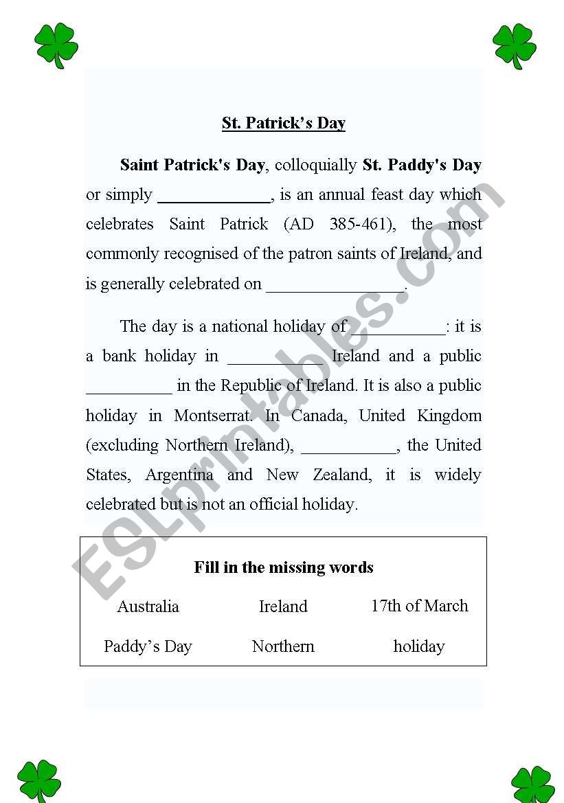 St Patricks Day worksheet