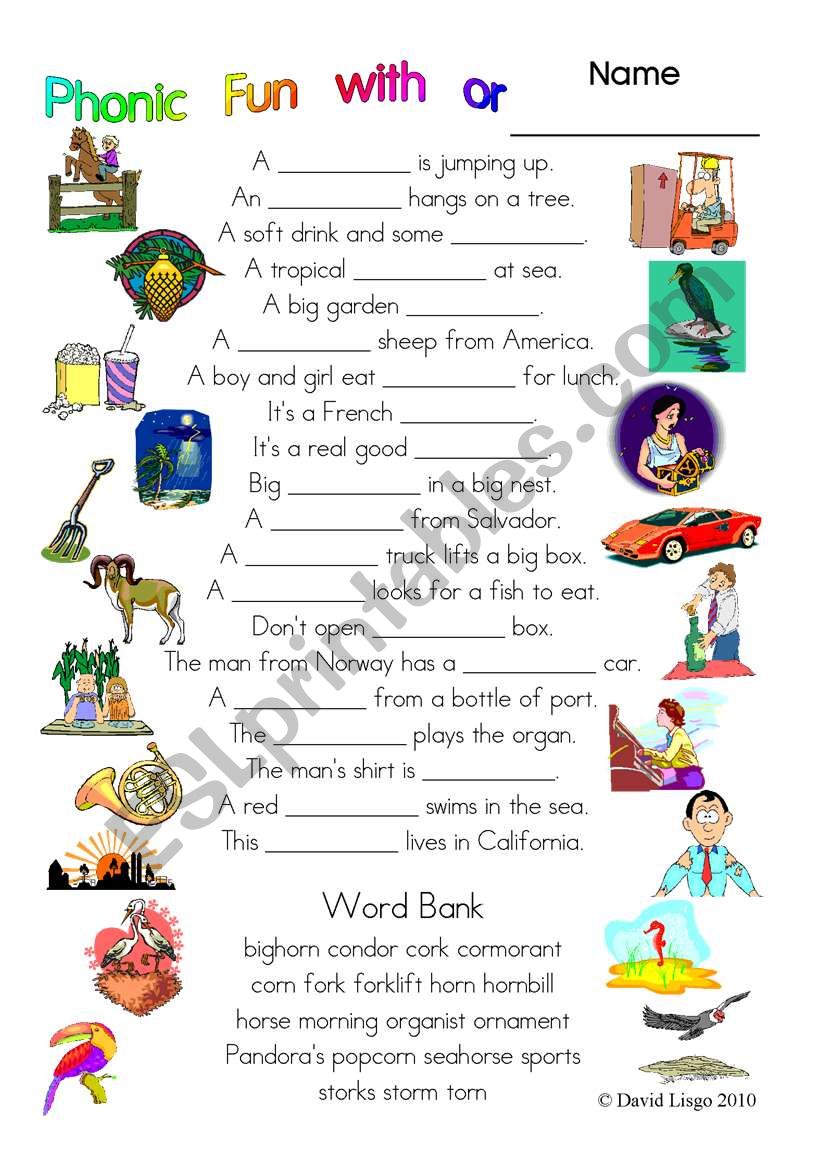 3 pages of Phonic Fun with or: worksheet, story and key (#11)