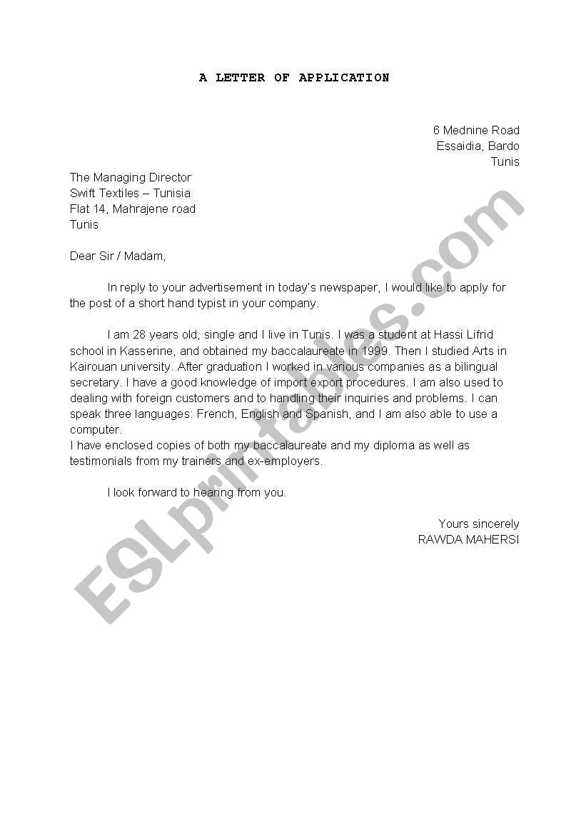 a letter of application worksheet