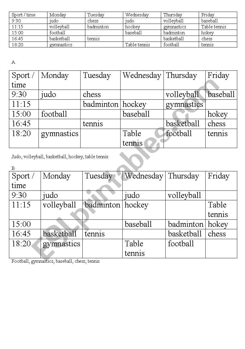 timetable in a sport center worksheet