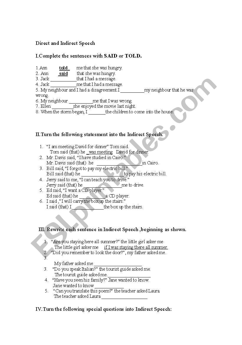 Direct and Indirect Speech worksheet