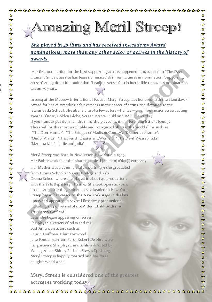 Amazing Meril Streep! worksheet