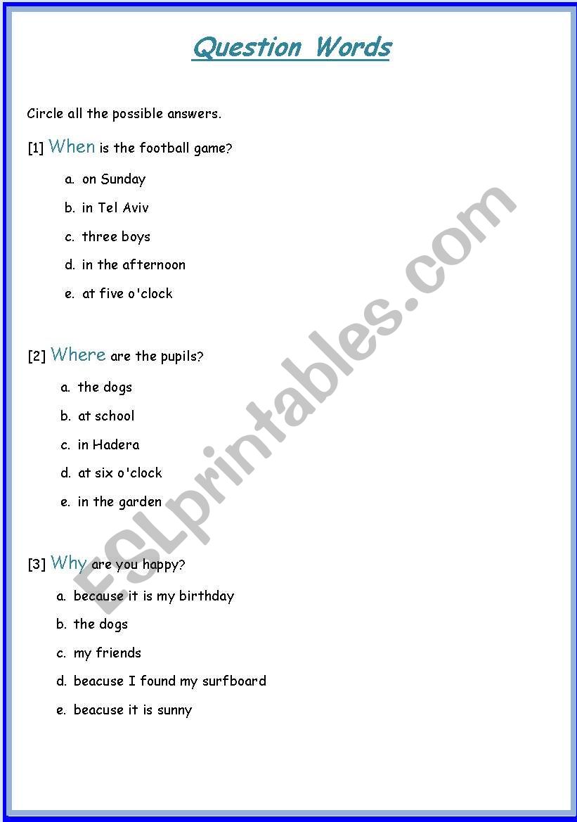 Question words worksheet