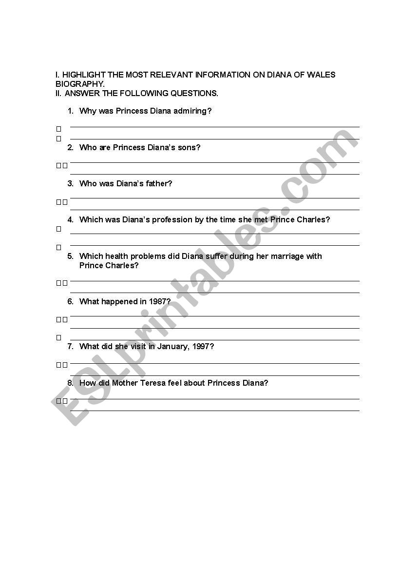 Lady Di reading comprehension worksheet