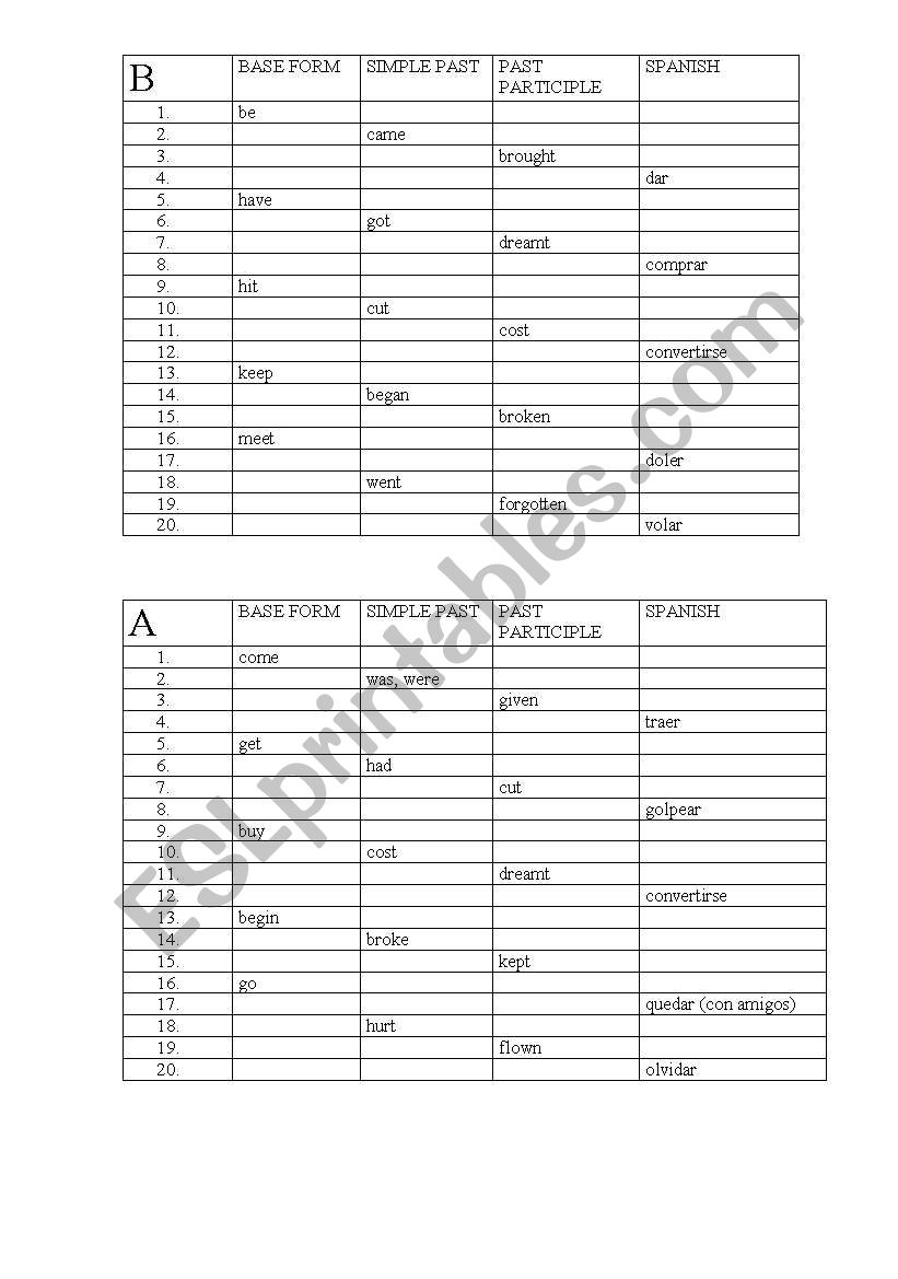 Irregular verbs test worksheet