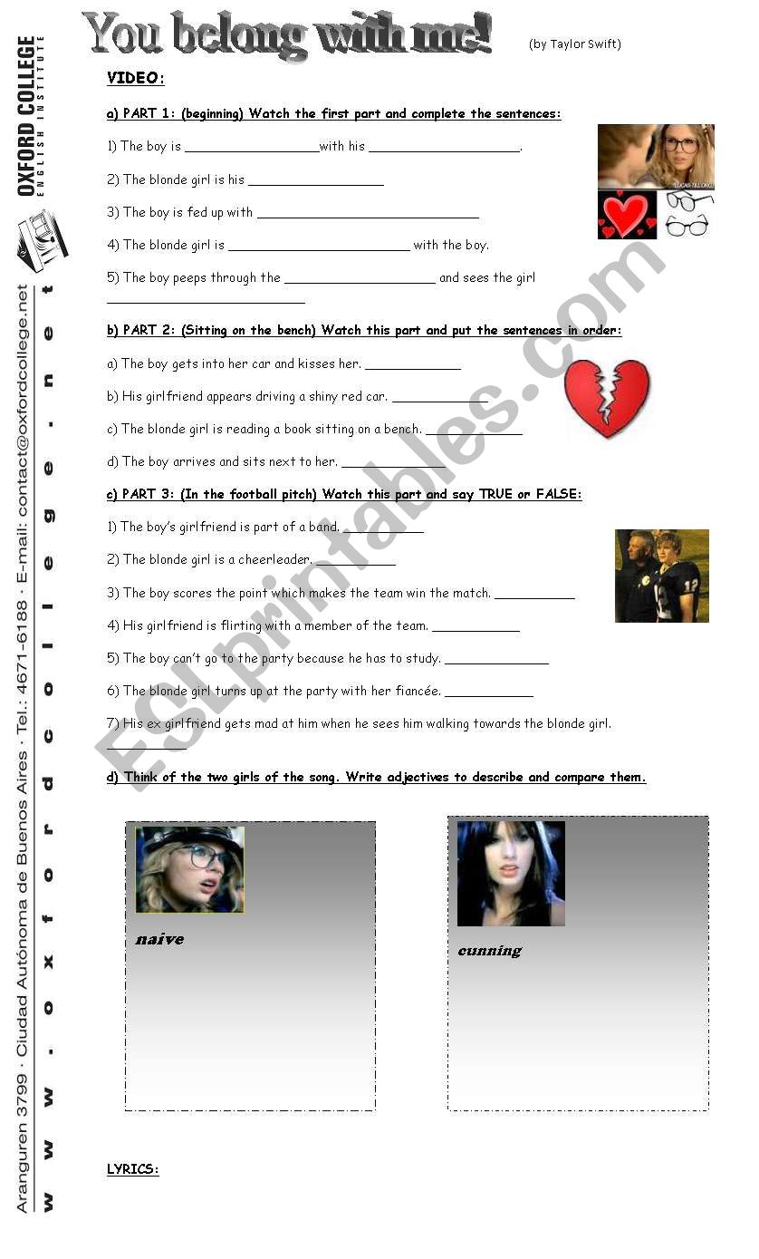 You belong with me videoclip worksheet