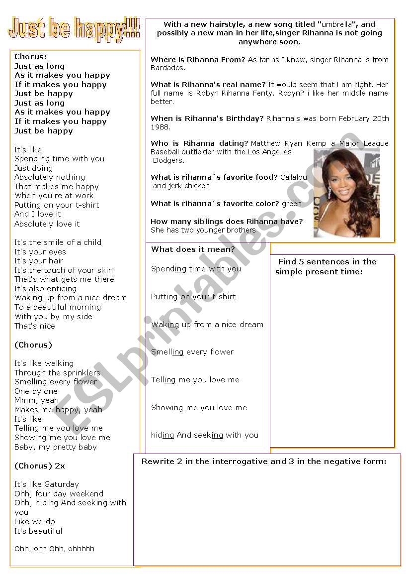 Just be happy - rihanna worksheet