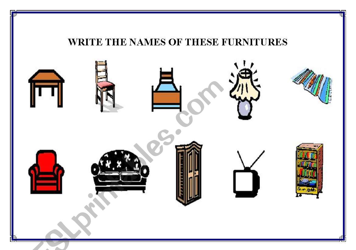 English worksheets WRITE THE FURNITURES