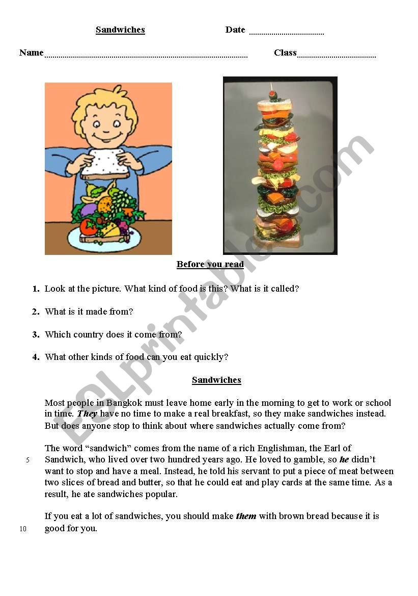 Sandwiches worksheet