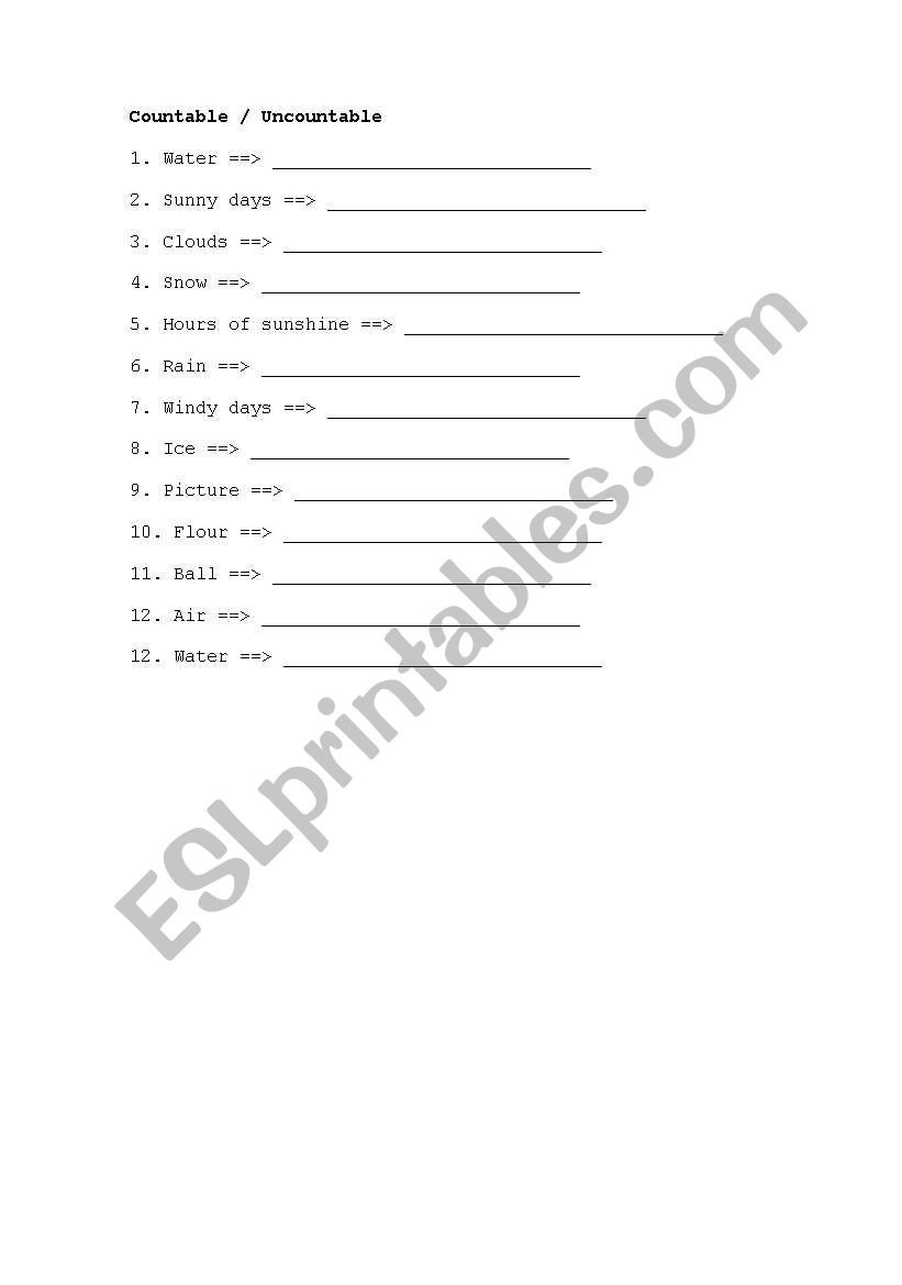 Countable vs Uncountable worksheet