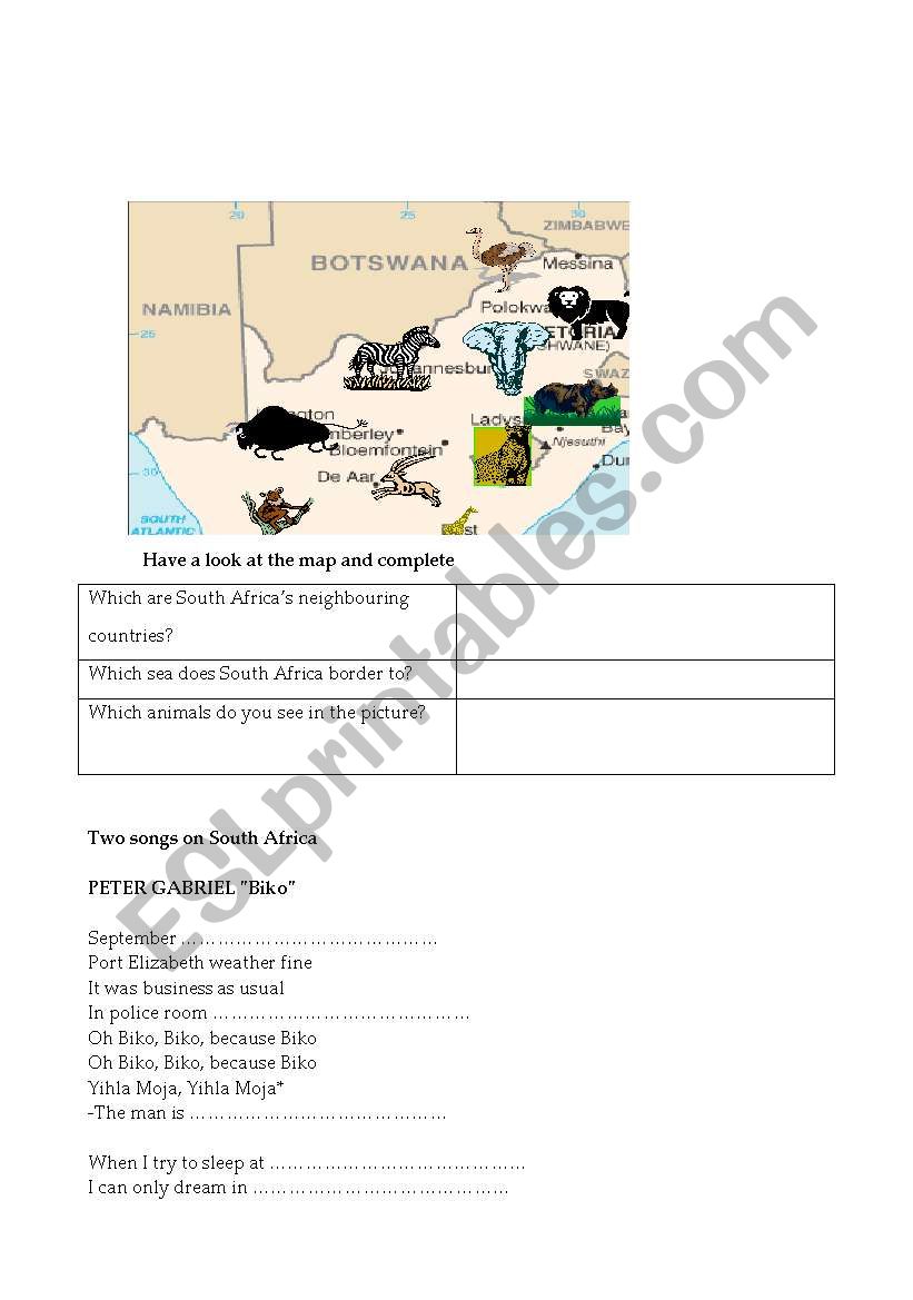 South Africa (part 2) worksheet