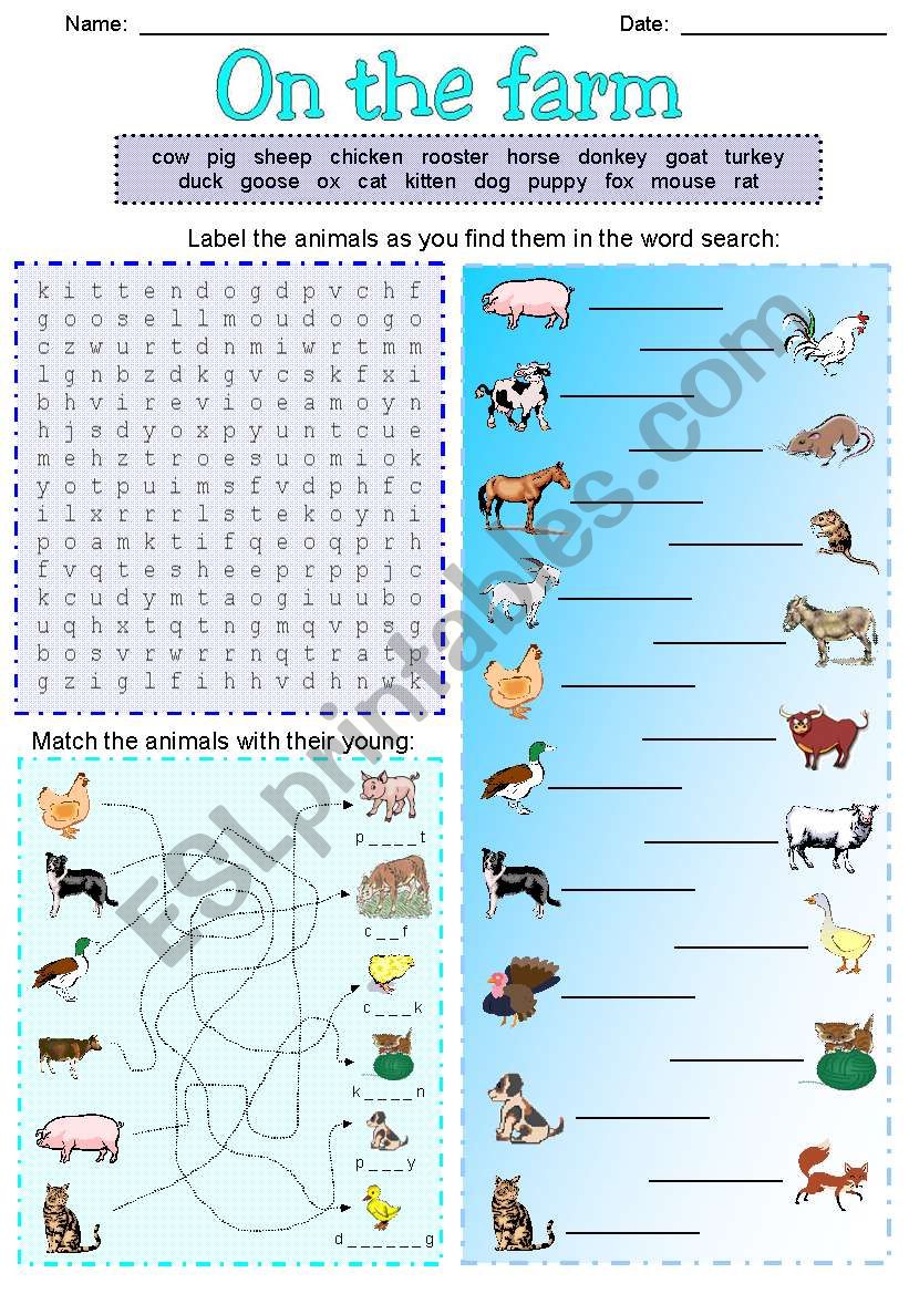 On the farm Word Search worksheet